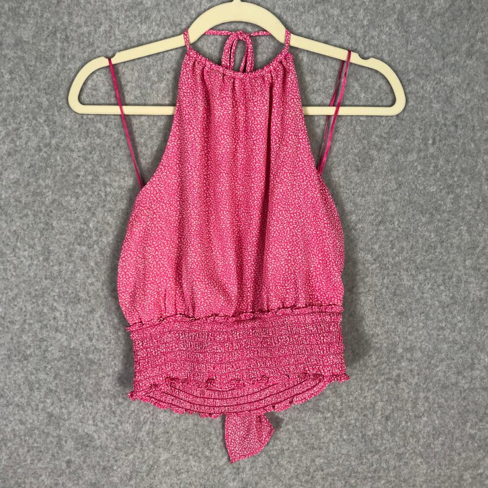 Sienna Sky Smocked Crop Tank Top Small Ditsy Dots Animal Tie Back Vacation Cute